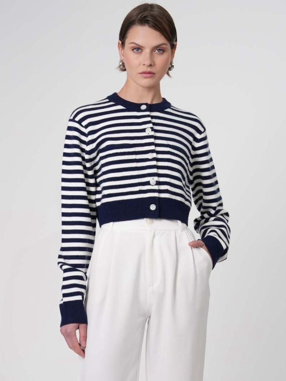 Parentezi Antonella Crop Striped Buttoned Navy White Cardigan Sweater NWT Sz XS
